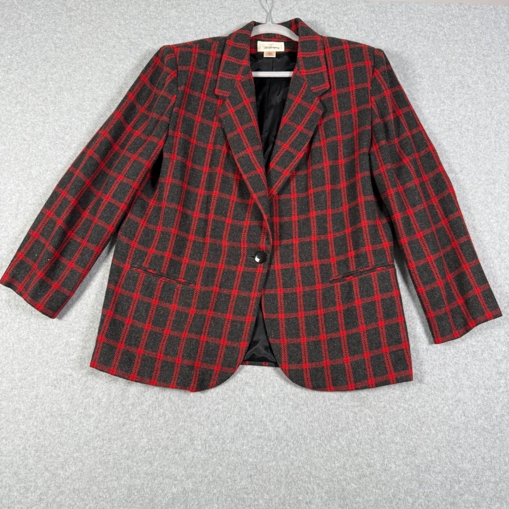 Vintage Worthington Red Charcoal Plaid Dark Academia Wool Blend Preppy Blazer 16
